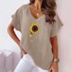 thumbnail image 2 of Camiseta de Manga Corta con Cuello en V con Impresión de Girasol, Algodón Casual Y Top de Cáñamo, 2 of 6