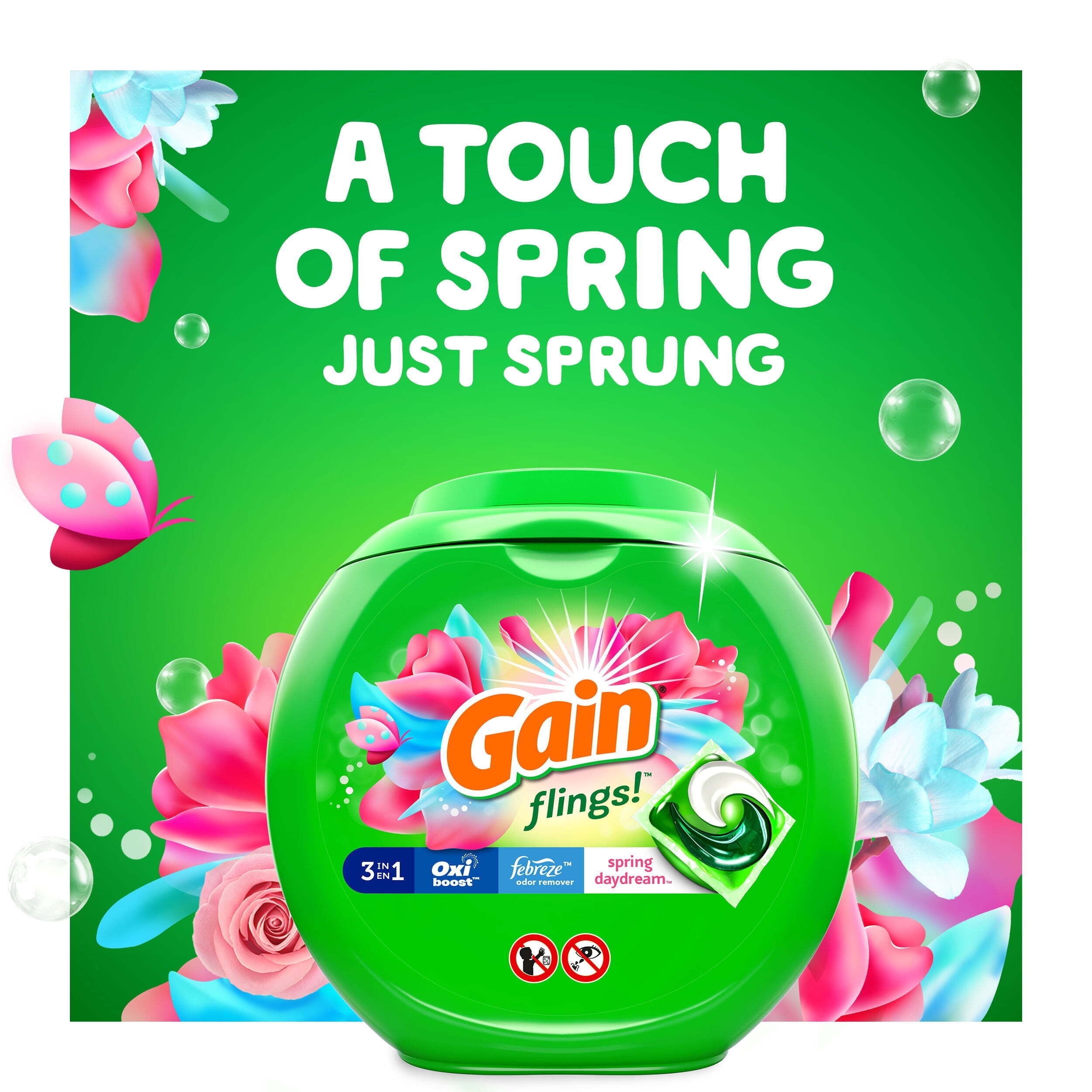 Gain Flings Liquid Laundry Detergent Pacs, Spring Daydream Scent, 60 Ct