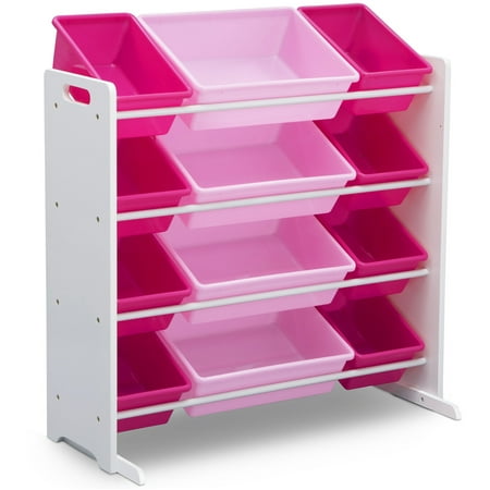 Delta Children Kids Toy Storage Organizer with 12 Plastic Bins, White/Pink