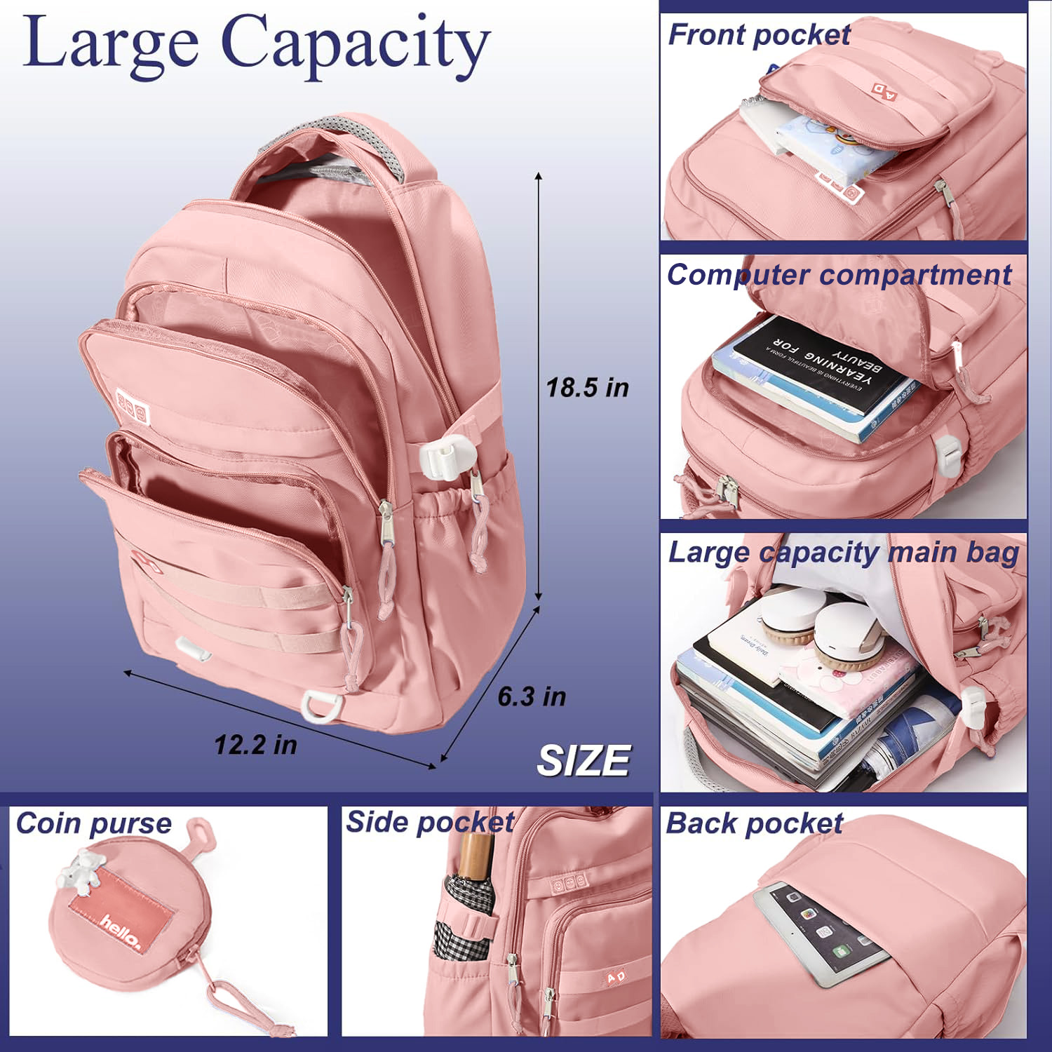 Mochila escolar grande para niños y niñas, ligera, espaciosa, con múltiples bolsillos, para secundaria y universidad, rosa 3