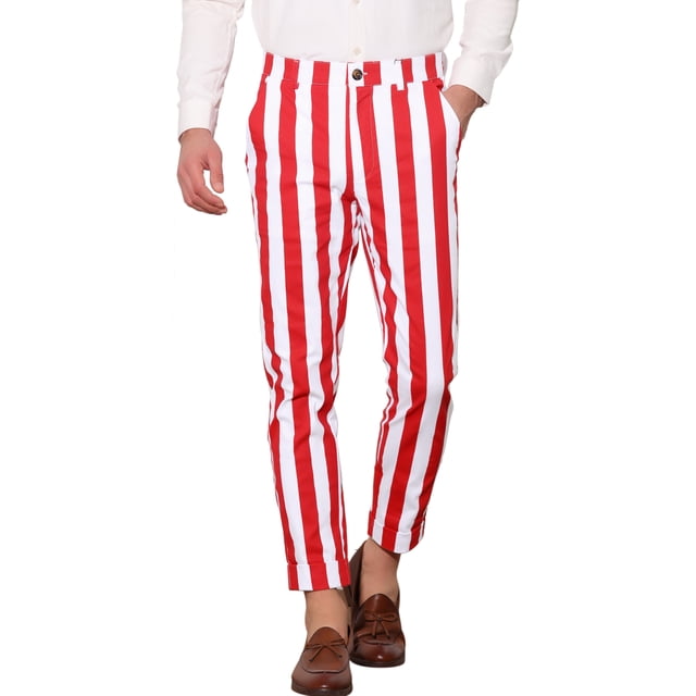 Pantalones de negocios a rayas para hombre, corte slim, frente plano, tapered, pantalones recortados, rojo y blanco, talla 30