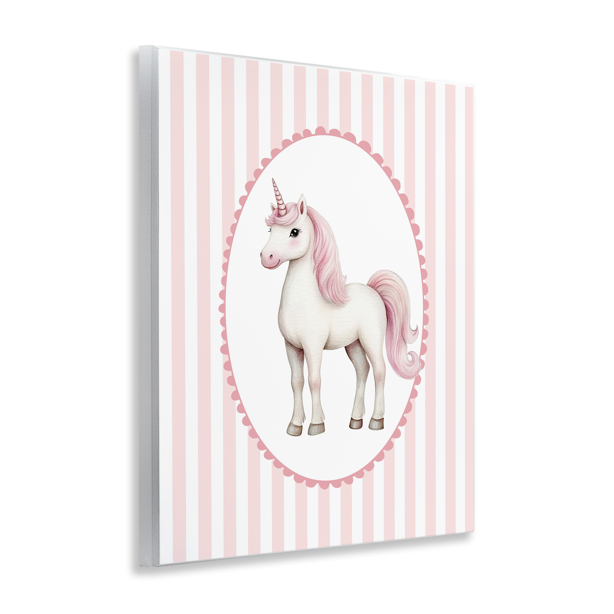 Gentle Unicorn on Pink Stripes Wall Plaque Art, design by Christine Simpson Art
