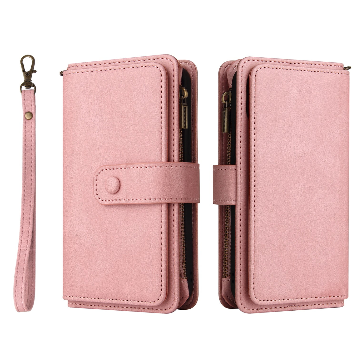 Phone Case for Samsung Galaxy S23, Galaxy S23 Wallet Case, Luxury Folio Flip Leather Cover[Zipper Pocket] [Wrist Strap][Kickstand] for Samsung Galaxy S23 6.1 inch, Pink