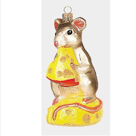 Mouse Eating Cheese Polish Mouth Blown Glass Christmas Ornament Decoration
