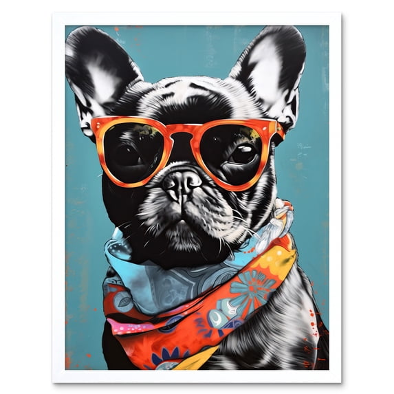 English Bulldog Wearing Bandana and Sunglasses Art Print Framed Poster Wall Decor 12x16 inch