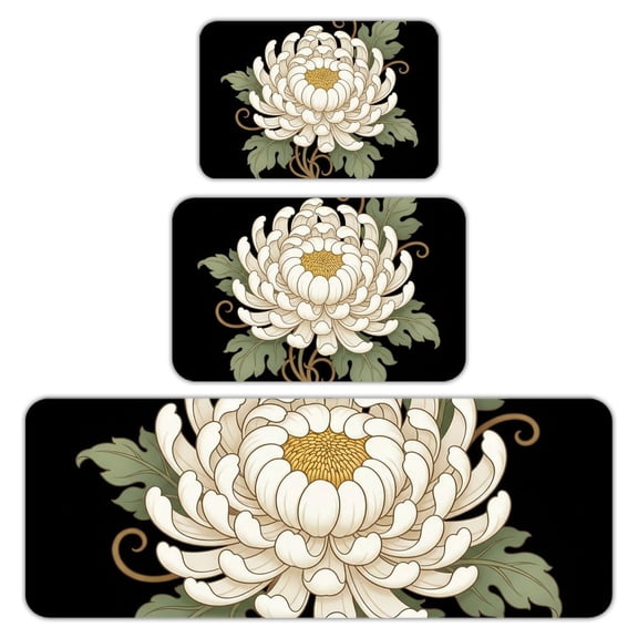 RKSupls Kitchen Rug Set 3 Piece Anti-Slip Flannel Floor Mats, Floral Peony Flower Washable Absorbent Runner Mats for Kitchen Bathroom Home Decor