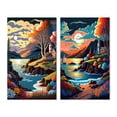 thumbnail image 2 of Designart "Contemporary Vector Sunset V" Coastal Sunset Wall Art Set Of 2 - Green Landscapes Canvas Set For Living Room Decor, 2 of 6