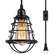 Kitchen Swag Pendant Lighting,Farmhouse Plug in Pendant Light with 13.12 ft Hanging Cord,Metal Cage Lampshade with Switch for Living Room Bedroom,Black,1 Pack