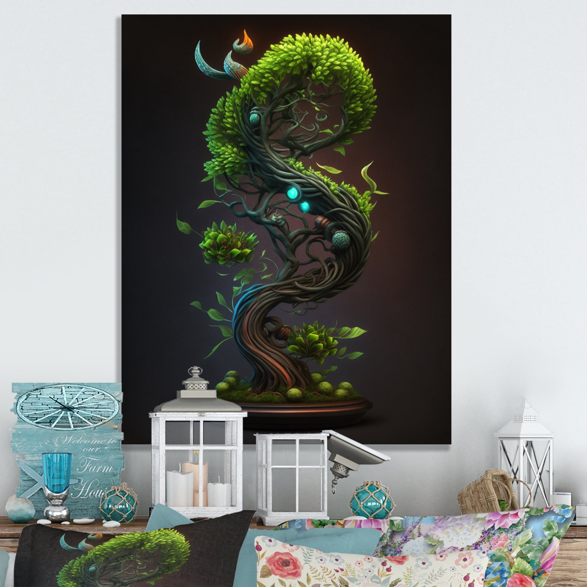 Designart Bonsai Swirl Tree Neon III Canvas Wall Art