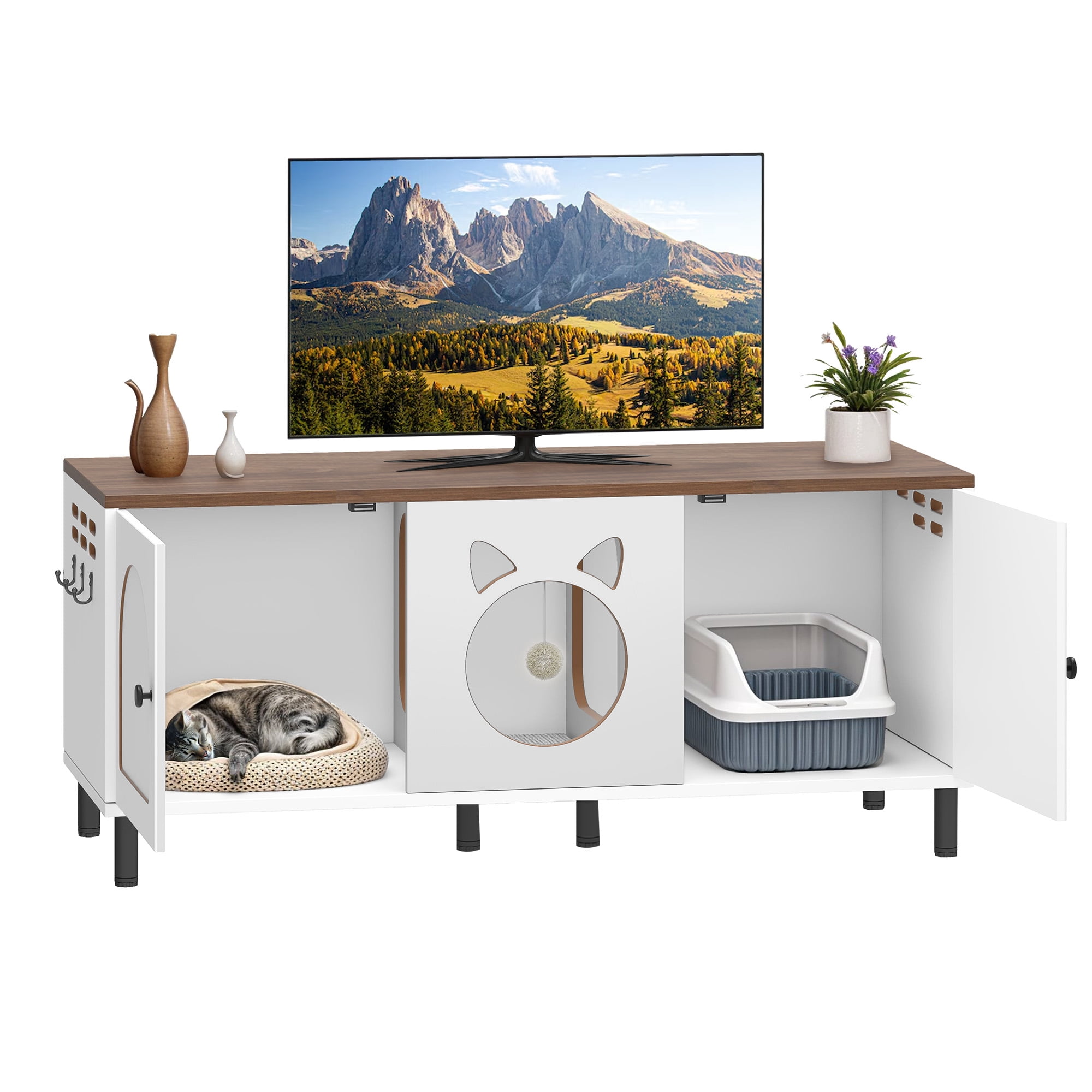 Uforic Cat Litter Box Enclosure with Legs, Wooden Cat Litter Box Furniture with Double Room for 2 Cats, White