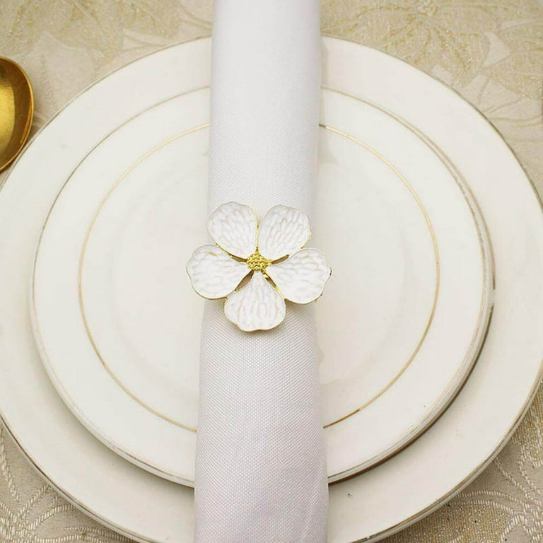 WUHNGD Flower Napkin Rings (Set Of 6) – White Peony Design, Silk Cloth & Foam, Reusable Table Decor For Weddings, Parties, Holidays