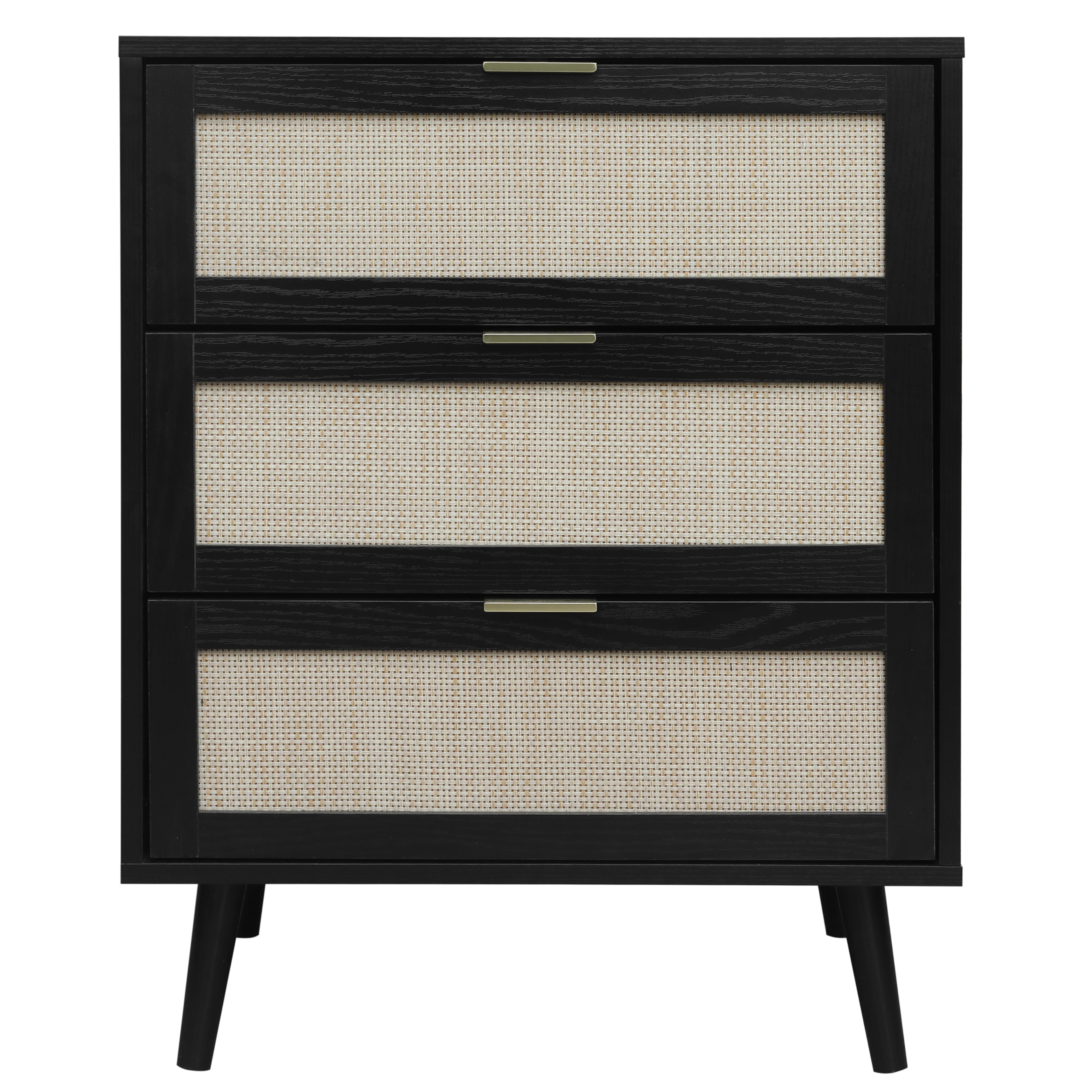 Aukfa 3 Drawer Tall Dresser Nightstand with Rattan Storage Drawer for Bedroom Living Room, Black
