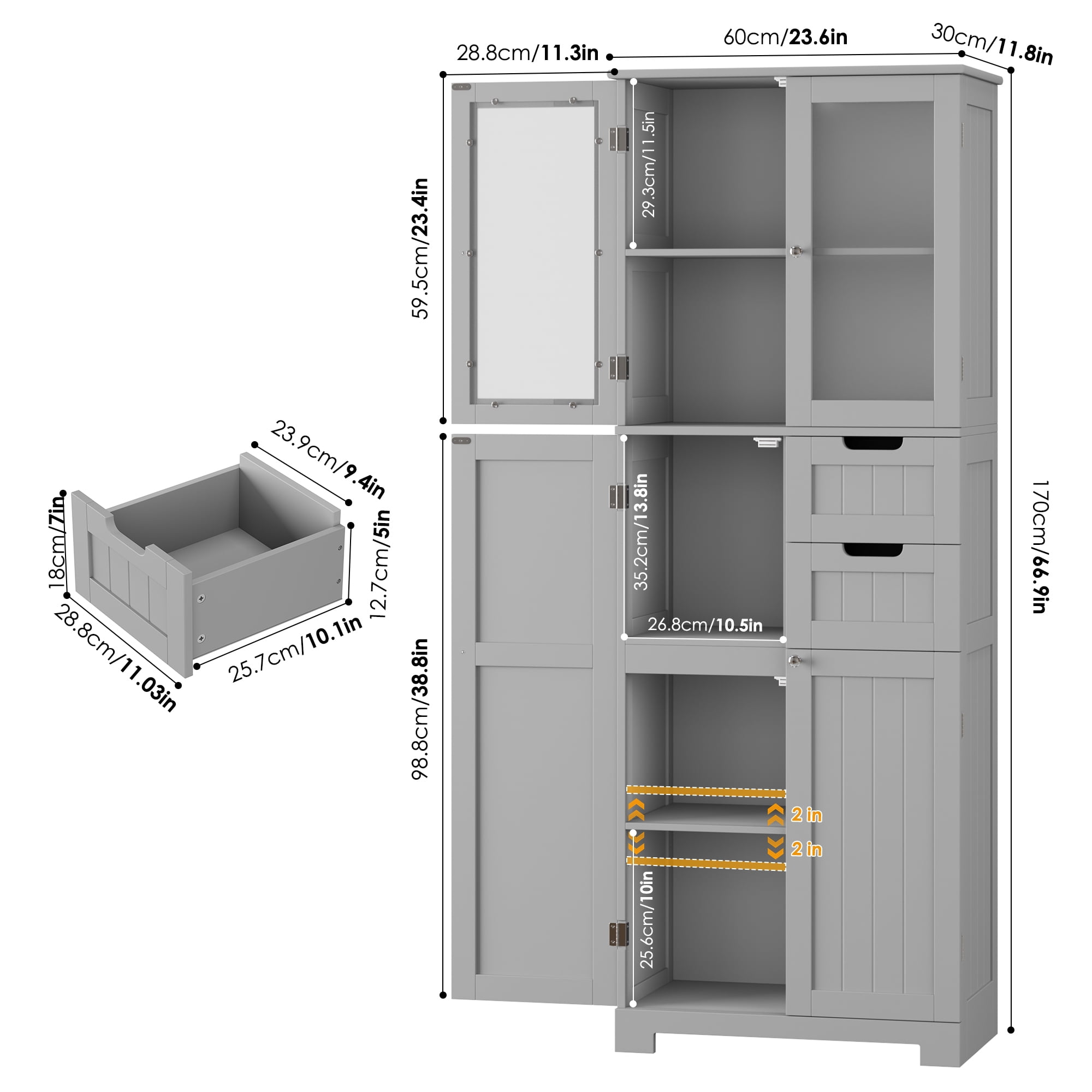 Homfa 67" Tall Bathroom Cabinet, Linen Cabinet with Doors and Removable Drawers, Kitchen Cupboard, Gray