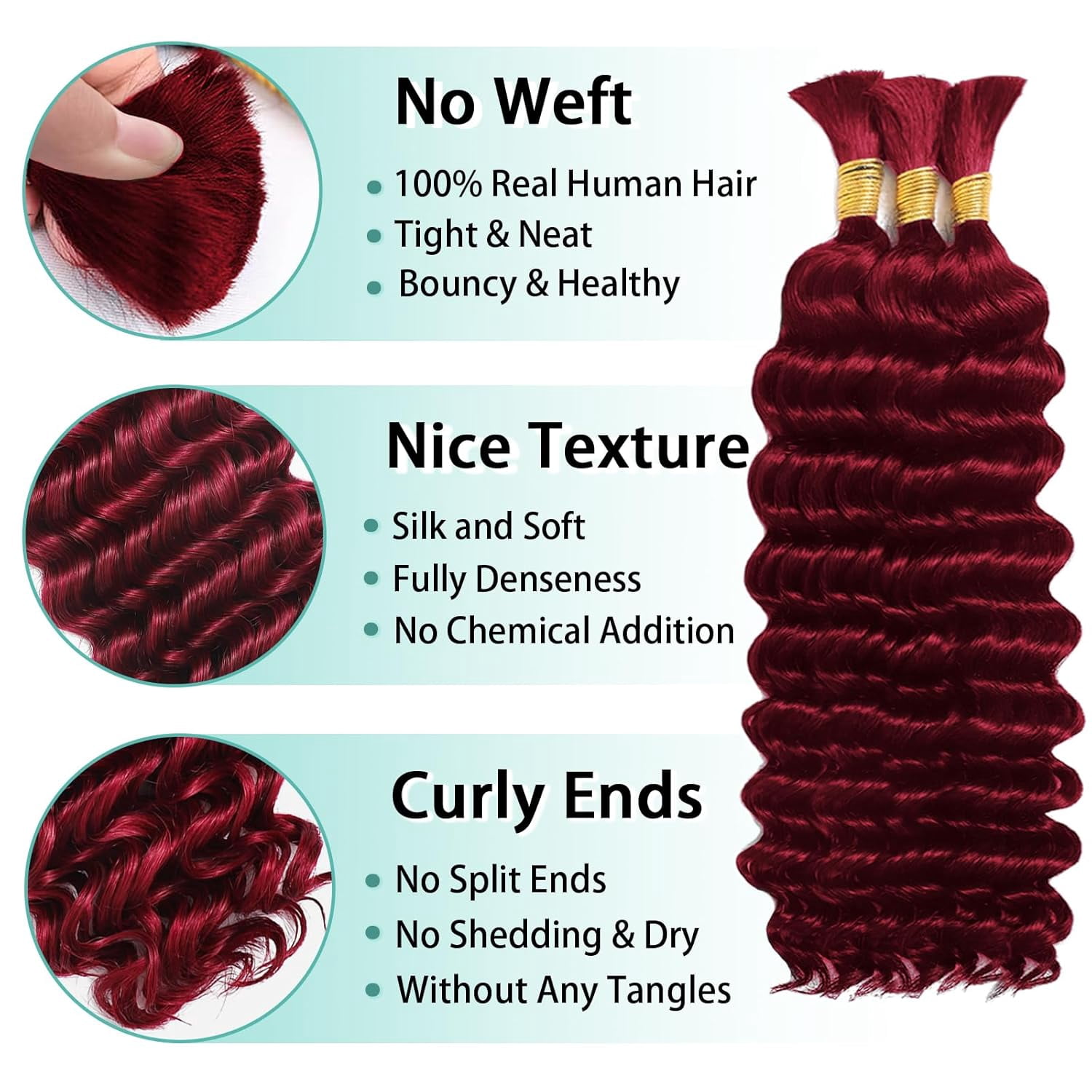 Human Braiding Hair for Boho Braids Human Hair 3 Bundles/Pack 110g 18 Inch Deep Wave Bulk Human Hair for Braiding Curly Knotless 12A Brazilian Virgin Burgundy