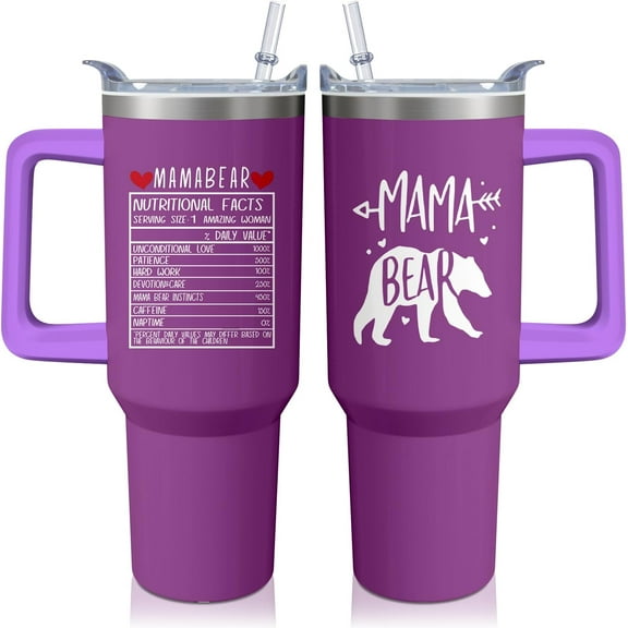 40oz Mama Bear Tumbler with Handle and Straw, Best Mommy Insulated Stainless Steel Cup, Travel Coffee Mug Water Bottle, Mothers Day Birthday Gifts for Mom from Daughter