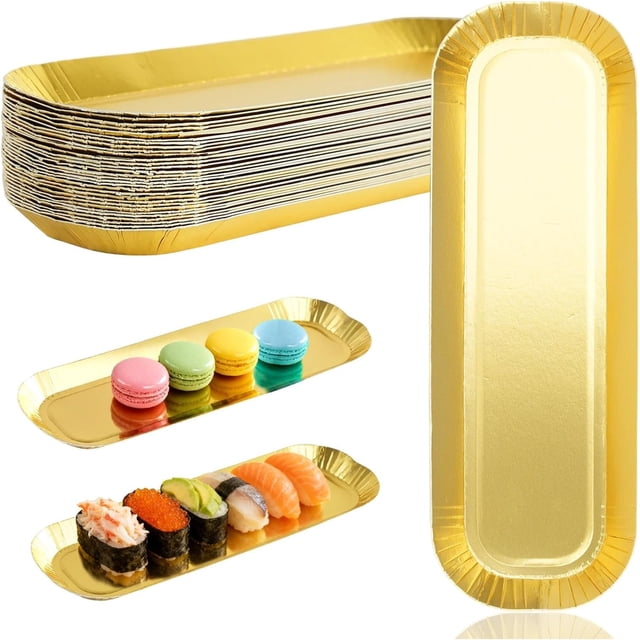 30 bandejas rectangulares doradas, platos de papel desechables, platos rectangulares de 9.6 x 3.1 pulgadas, para postres, cumpleaños, bodas, aniversarios y fiestas (dorado, 9.6 x 3.1