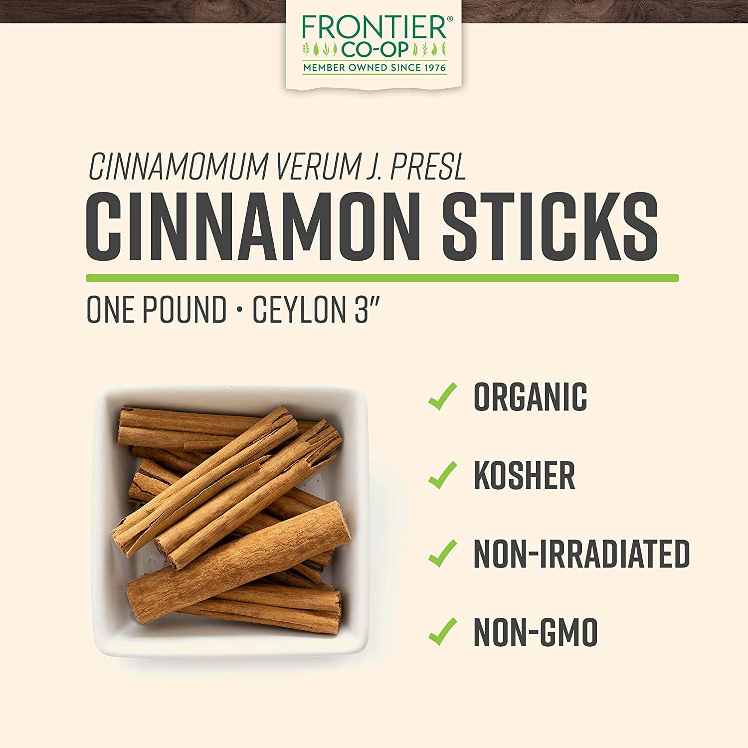 Frontier Co-op Certified Organic Ceylon Cinnamon Sticks, 3", 16 oz. Bag