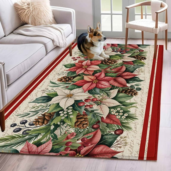 Christmas Poinsettia Area Rug 3x5 Washable Rug Non Slip Winter Xmas Berry Leaf on Linen Large Area Rug Indoor Floor Carpet for Entryway Bedroom Kitchen Living Room Home Office Dining Room Nursery