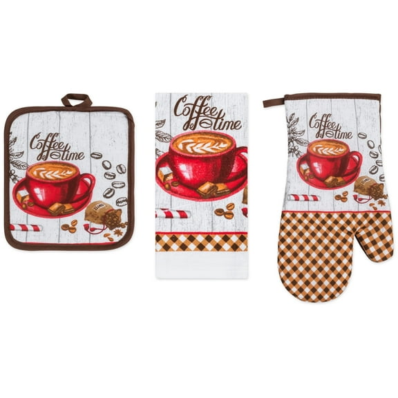 PREMIUS 3 Piece Printed Kitchen Linen Set, Coffee Time, 1 Cotton Towel, 1 Pot Holder, 1 Oven Mitt