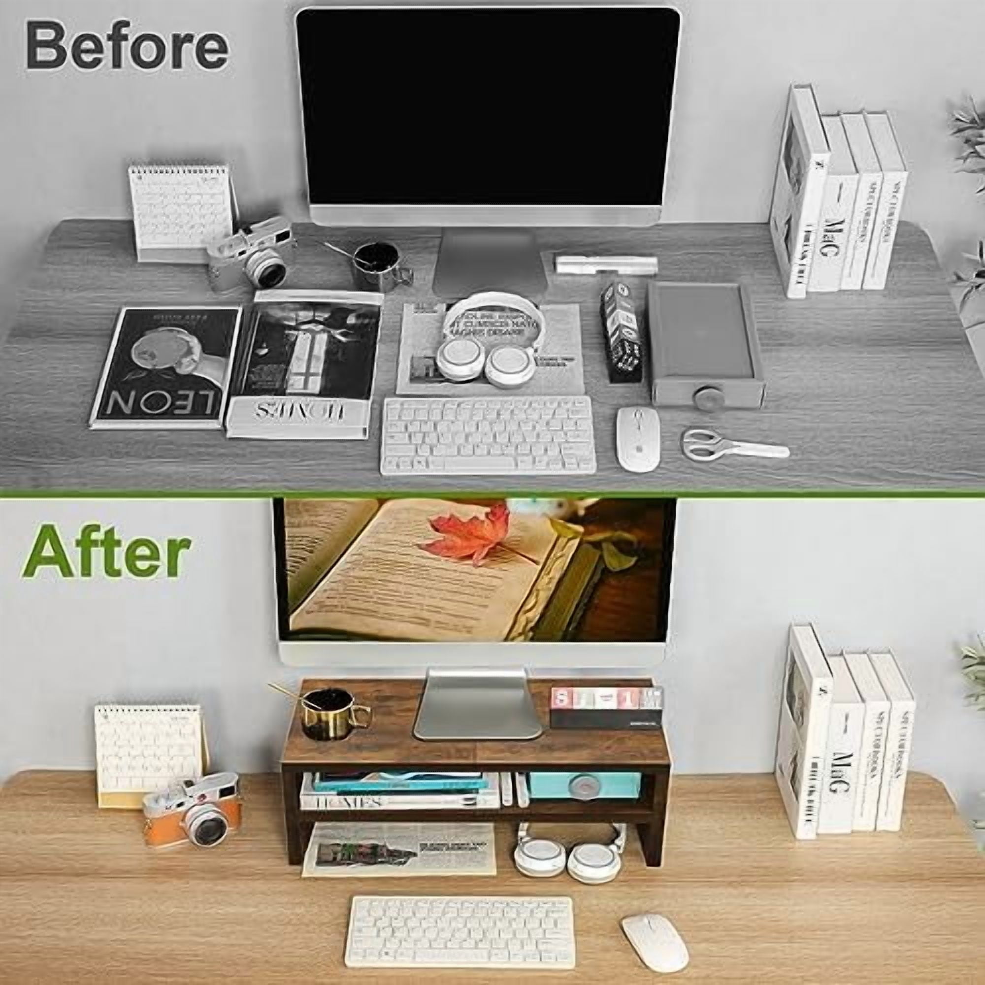 2 Tier Wooden Monitor Riser Stand, Desktop Stand with storage for Laptop/PC/Printer/Keyboard, TV Stand Shelf Home Office Desk Accessories