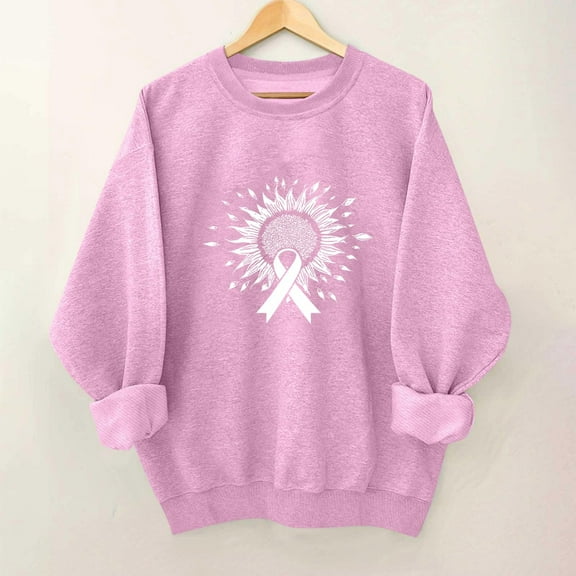 Aobny Women's Fashion Hoodies & Sweatshirts Breast Cancer Flowers Pink Sweatshirts Crew Neck Long Sleeve Womens Going Out Tops,S