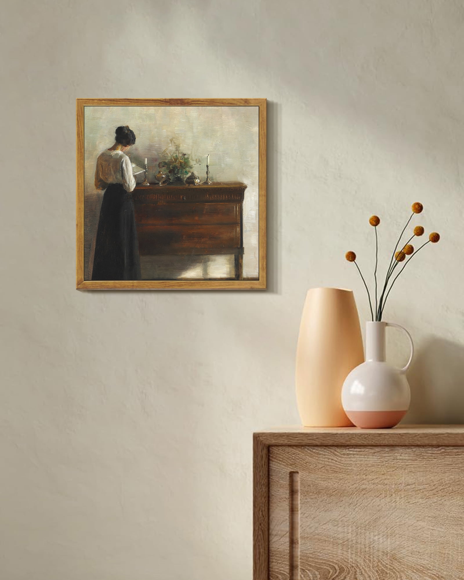 Drsoum Vintage Wall Art Classic Moody Elegant Woman Stands Reading a Book Victorian Wall Prints Kitchen Bathroom Office Decor 10x10in Natural Framed