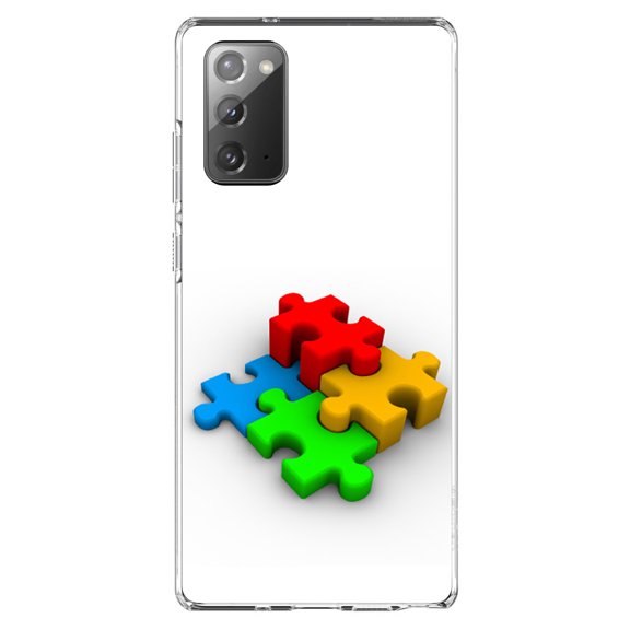 DistinctInk Clear Shockproof Hybrid Case for Galaxy Note 20 ULTRA (6.9" Screen) - TPU Bumper, Acrylic Back, Tempered Glass Screen Protector - Red Blue Yellow 3D Puzzle Pieces - Austism Awareness