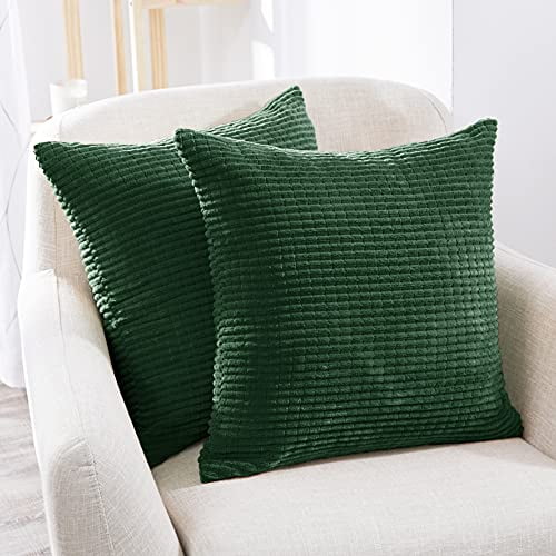 Deconovo Pillow Covers Corduroy Pillow Covers, 18x18 Inch, Square Throw Pillow Cover in Dark Green, Cushion Cover with Stripes for Bedroom Sofa Living Room Couch, Set of 2