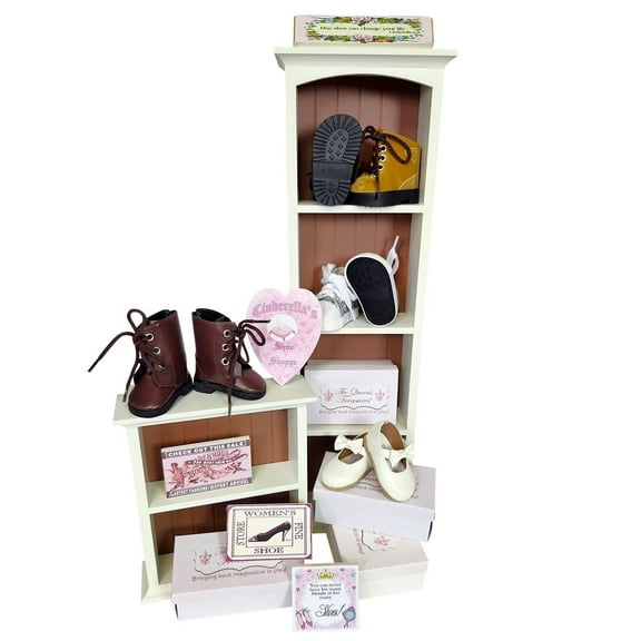 The Queen's Treasures 18 inch Doll Shoe Shop Collection with 4 Pairs of Doll Shoes and Boots, Plus 5 pc Shoe Shop Sign Set for Play Scene, Intended for American Girl Doll
