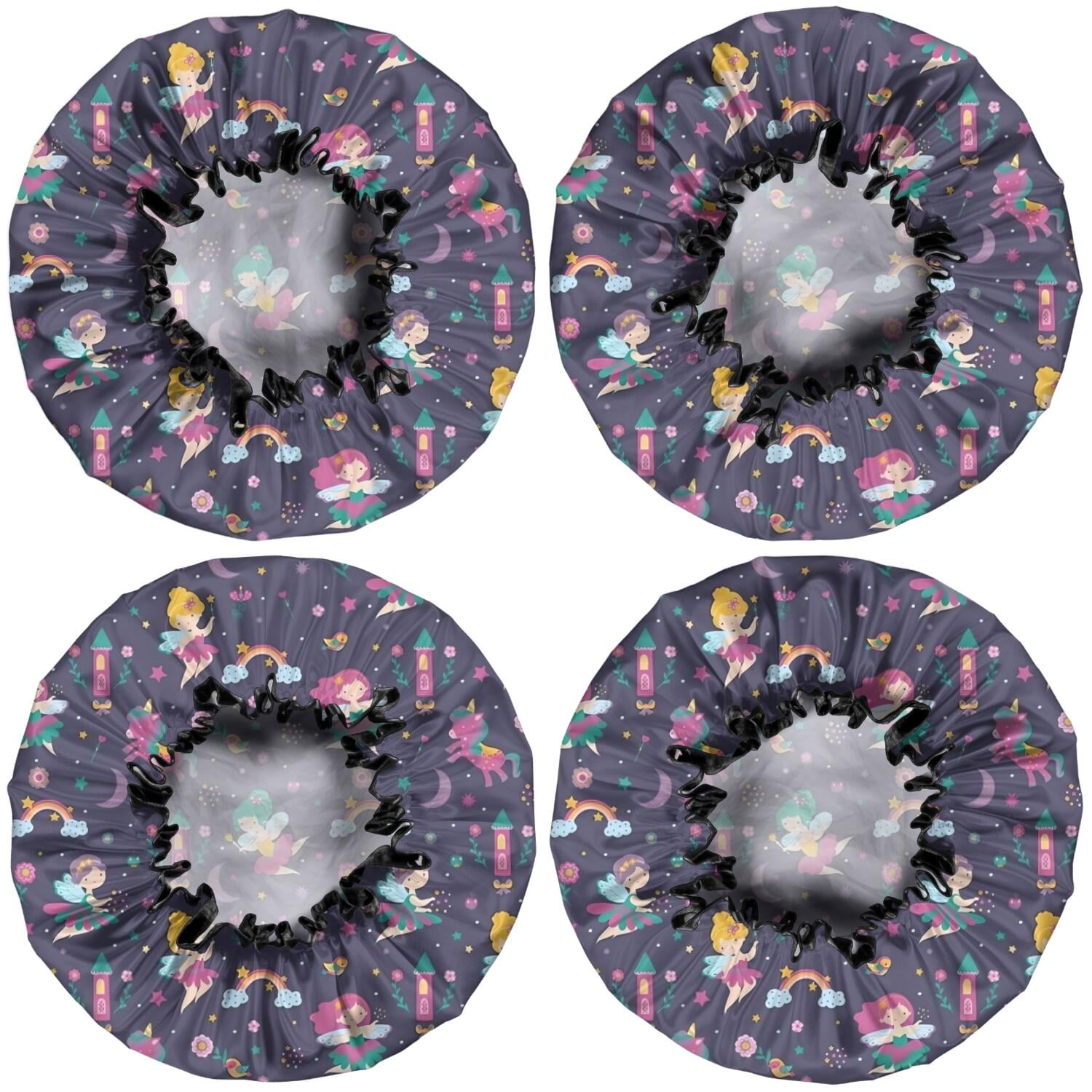 Shower Caps,Fairy Princess Magic Pattern Waterproof Shower Cap for Women 4 Pieces,Double Reusable Hair Cover for Shower PEVA Elastic Stretch Hem