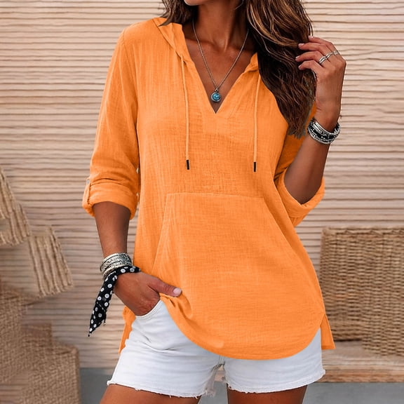 thefmos Women's V Neck Hooded Pullover Top with Pocket Drawstring Lightweight Long Sleeve Solid Color Casual Top Fashion Fall Winter Outfit, Orange 2XL