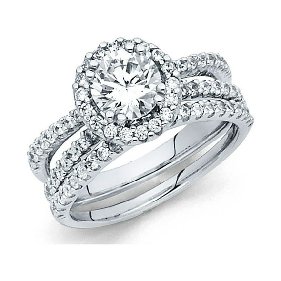 14k White Gold Halo Round CZ Engagement Ring & Wedding Band Bridal Halo CZ Rings Set Side Stone Size 7