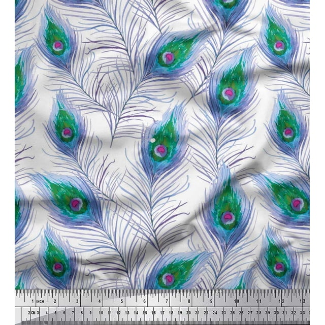Soimoi polyester Crepe Fabric Peacock Feather Fabric Prints By Yard 52 Inch Wide