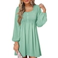 thumbnail image 1 of Robes Décontractées pour Femmes à Col Rond Smocké avec Boutons, Manches Longues, Taille Évasée, Mini Robe Vert Menthe P, 1 of 9