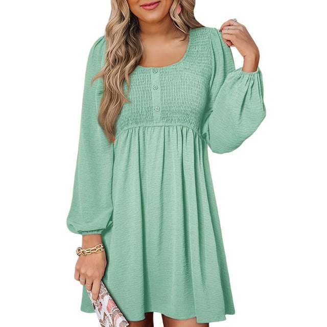 Robes Décontractées pour Femmes à Col Rond Smocké avec Boutons, Manches Longues, Taille Évasée, Mini Robe Vert Menthe P