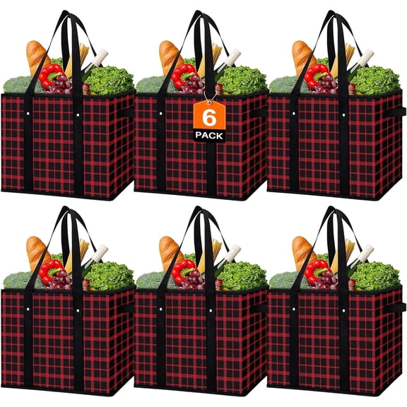 Reusable Grocery Bags 6 Pack,Large Grocery Tote Bag Water Resistant Shopping Bags Foldable Grocery Bag for Clothes,Shoes and Picnic,Red
