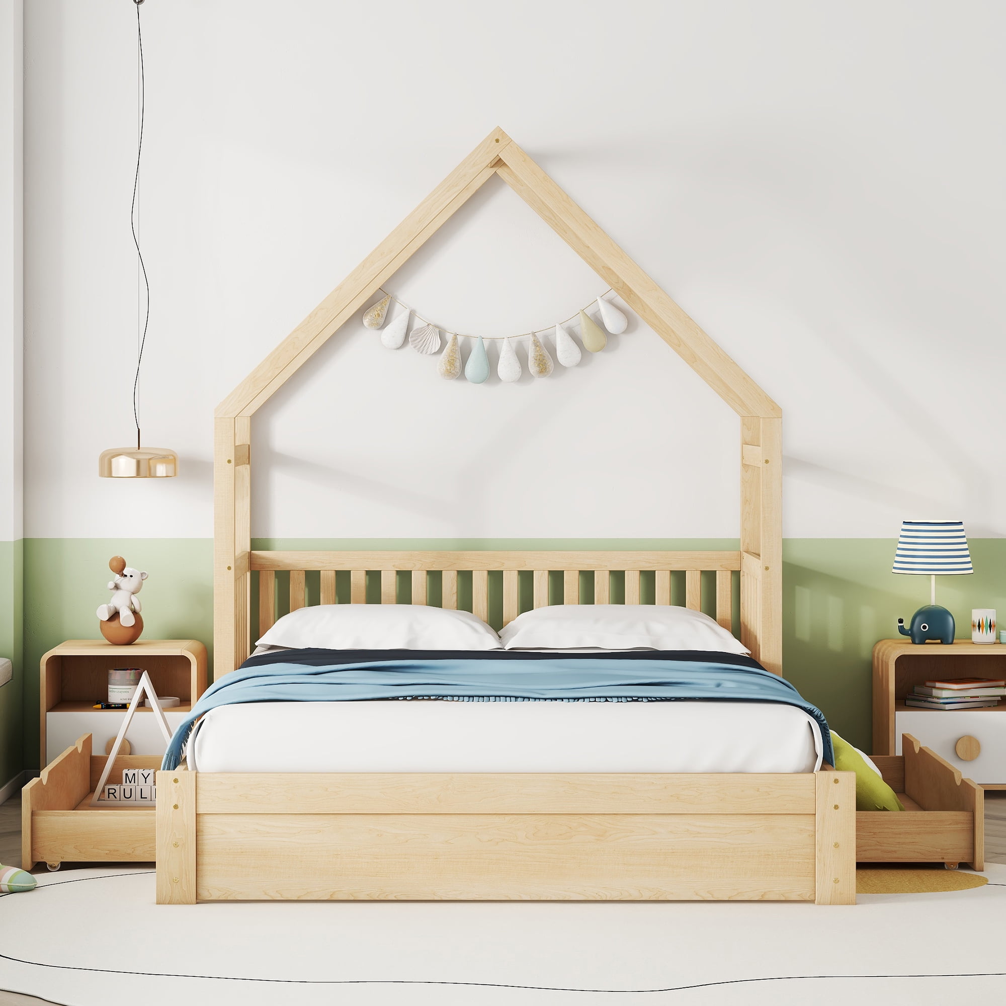 Sailvan Queen Wood House Platform Bed with Guardrail and 2 Storage Drawers Natural