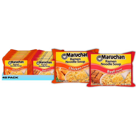 Maruchan Ramen Noodle Soup Variety Pack, Chicken & Beef Flavors, 3 oz Packs (48 Count)