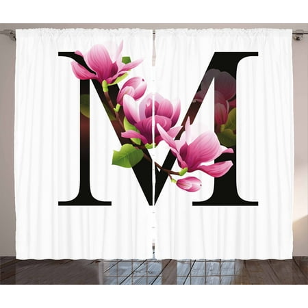 Floret 3 Light - Letter M Curtains 2 Panels Set, Magnolia Florets Dignity and Nobility Expressing Flowers in Alphabet Design, Window Drapes for Living Room Bedroom, 108W X 90L Inches, Pink Green Black, by Ambesonne