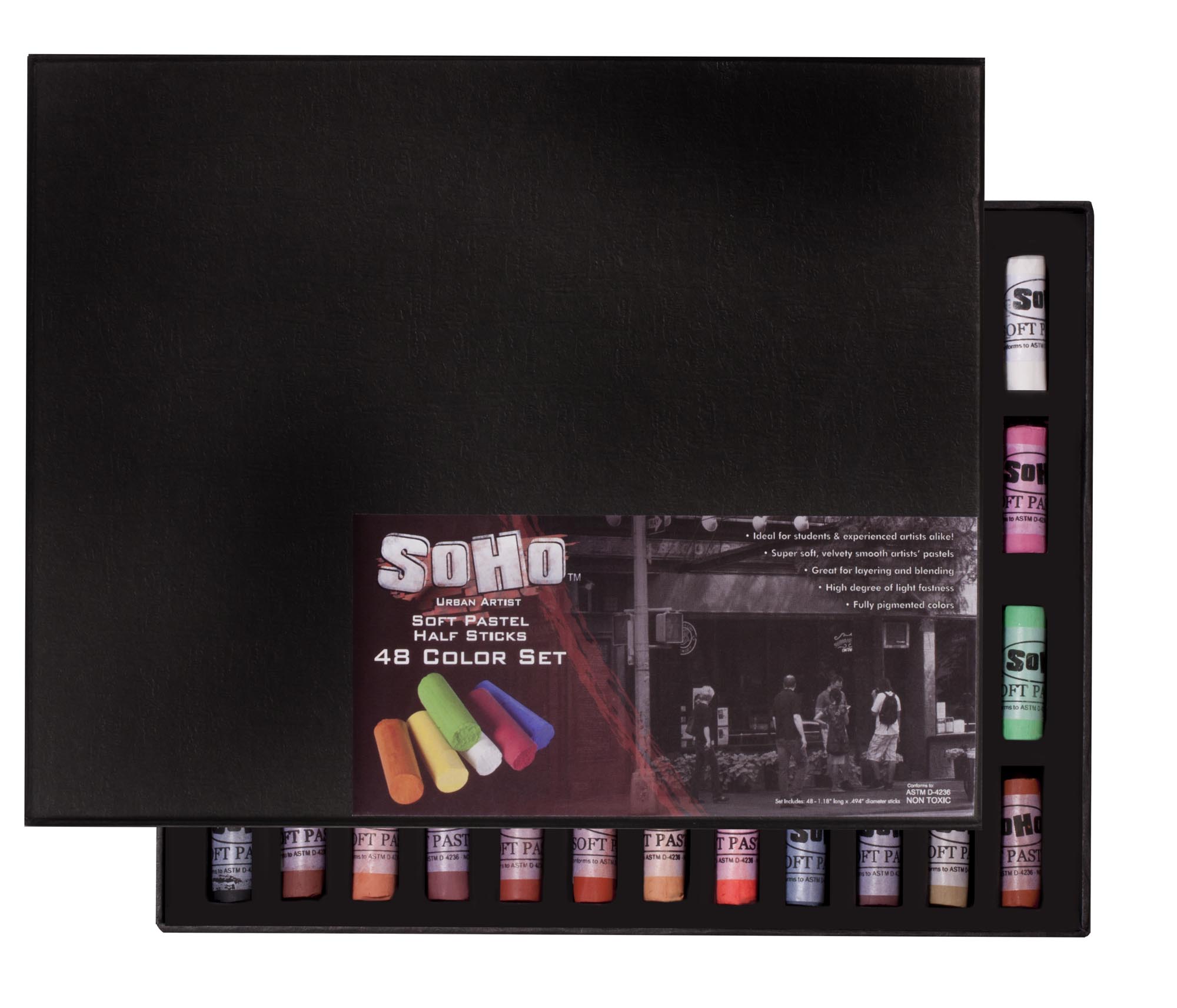 SoHo Urban Artist Soft Pastels Set of 48 Unique, Vibrant Colors - Half Stick 1.3" Long, Soft Pastels for Artists, Velvety Texture, Lightfast, Perfect for Layering & Blending