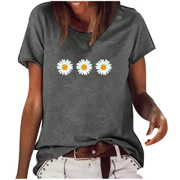 Moda Mujer Causal Daisy Cuello redondo Blusa estampada Camiseta de manga corta Tops de verano Pompotops hkajfhjk461279