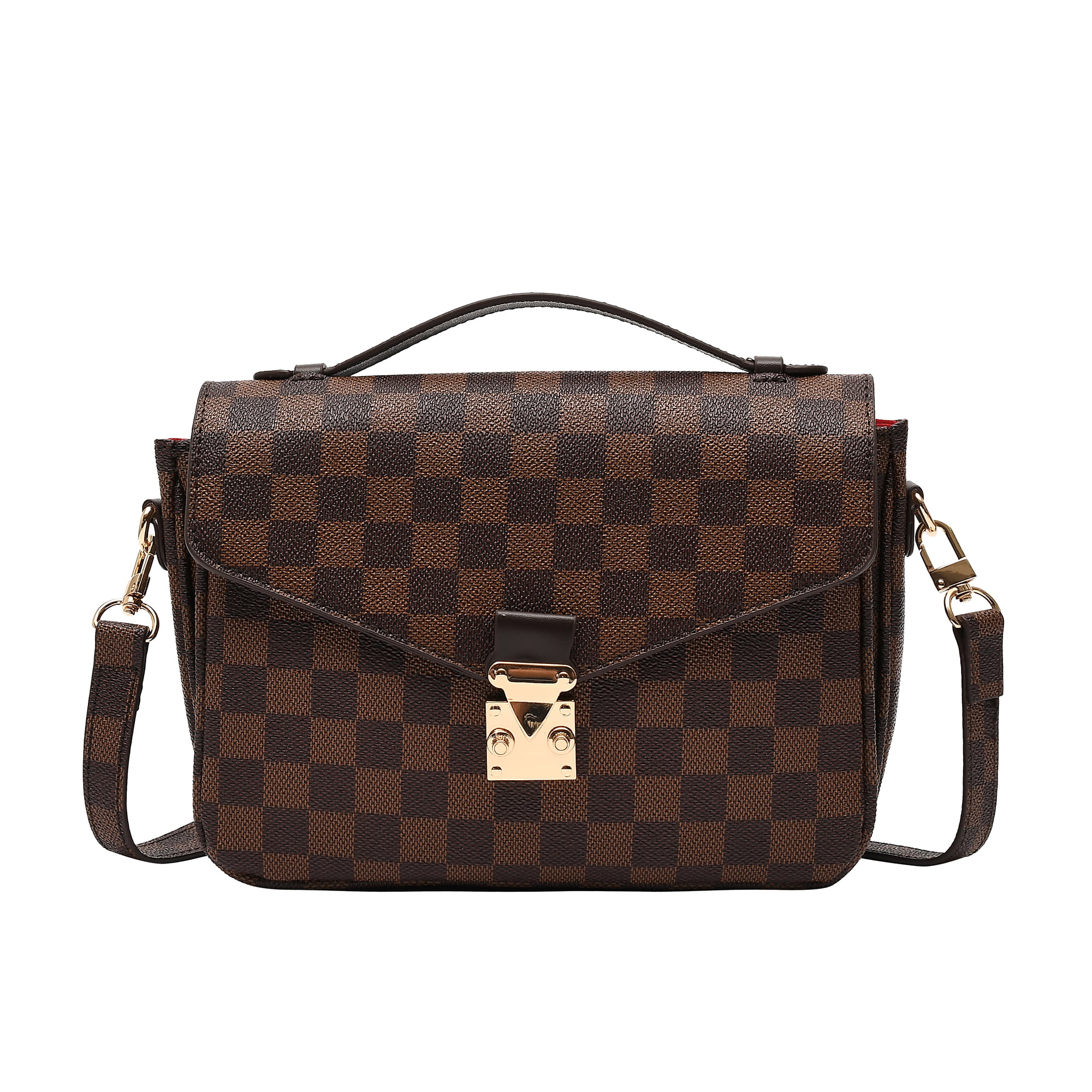 MK Gdledy Brown Checkered Crossbody Bags for Women Multipurpose Handbags  Leather Shoulder with Coin Purse including 3 Size Bag - Brown2