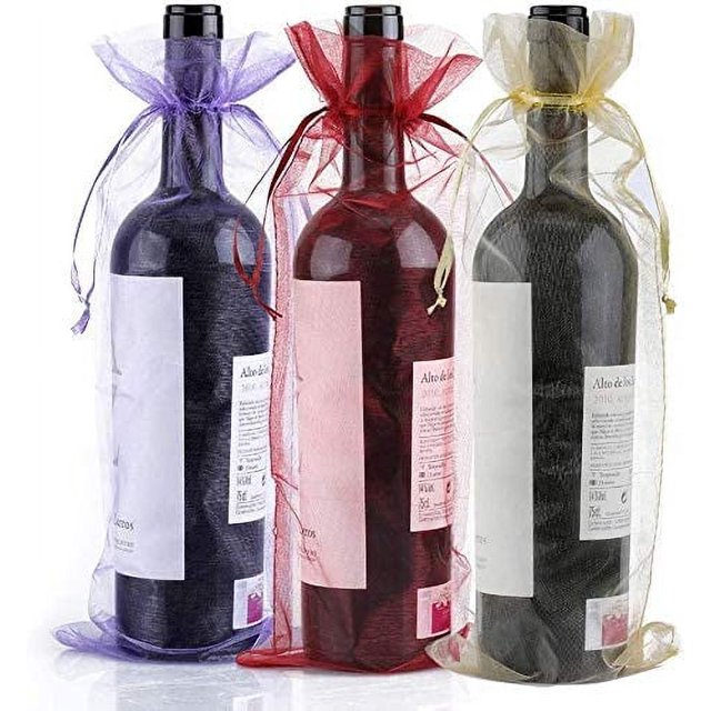 30 bolsas de organza para vino, 14 x 37 cm, 750 ml paquete de bolsas blancas transparentes con cordón; vista frontal de botellas envueltas en organza translúcida con cierre de cordón, tamaño apto para champán y vinos espumosos, ideales para envolver regalos en bodas, fiestas y ocasiones navideñas.