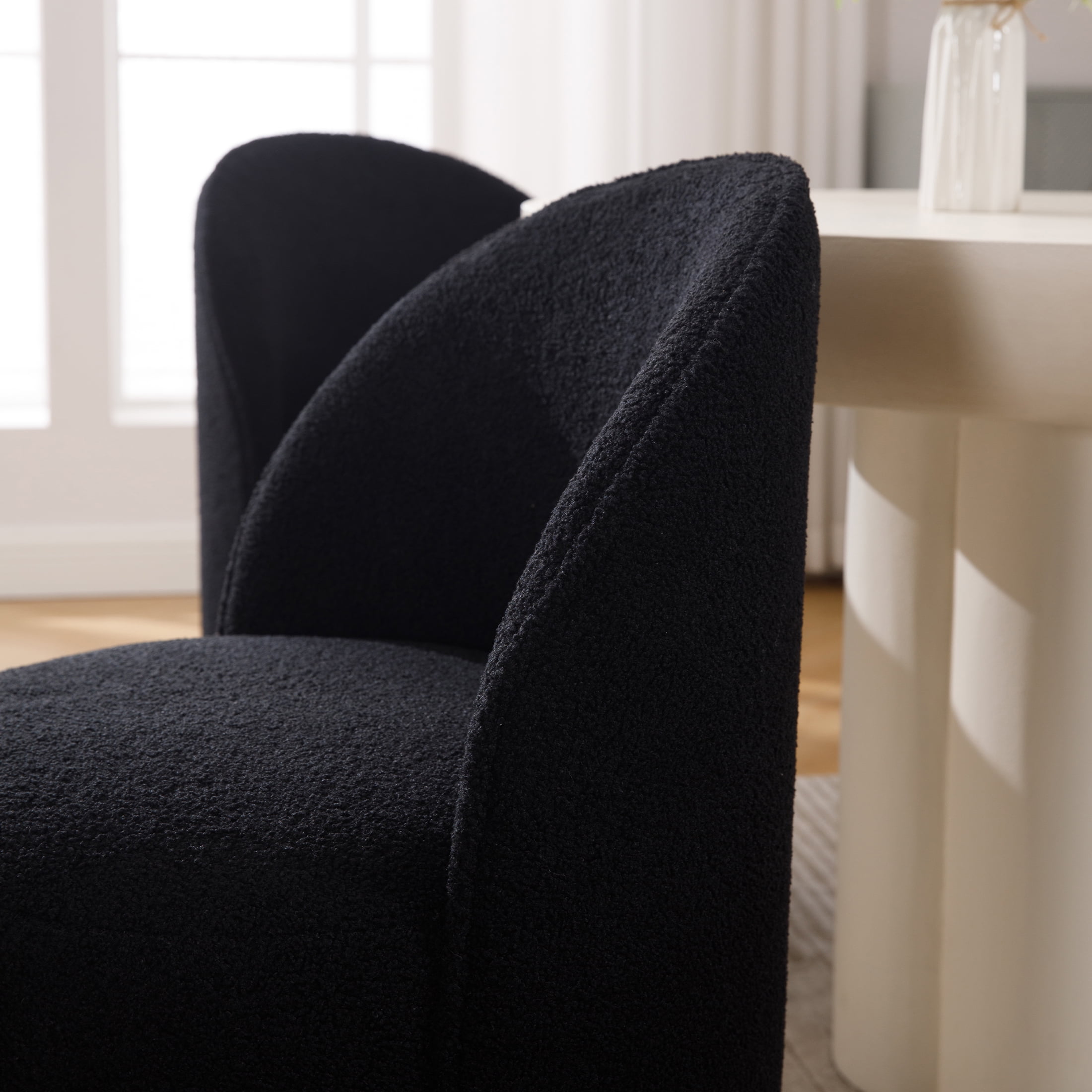 Guyou 360° Swivel Barrel Dining Chair Set of 1, Mid-Century Modern Upholstered Barrel Accent Chair, Sherpa Round Vanity Chair for Dining Room Living Room Bedroom, Black