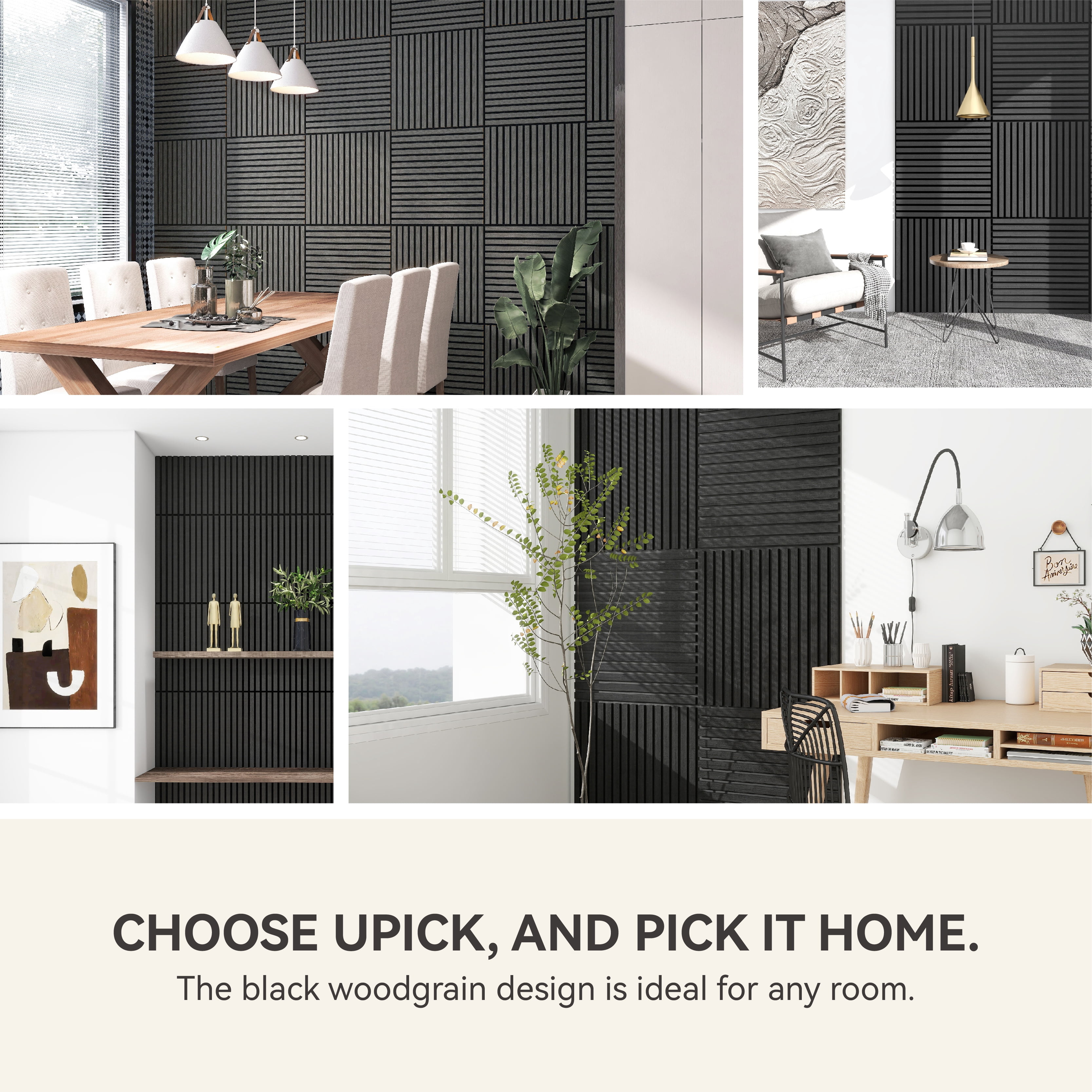 Upick MDF Acoustic Wall Panels Sound Absorbing, 4 Pack 24 x 24 inch Sound Proof Foam Wall Panels & Wood Slat Wall Panels for Interior Wall Decor (Matte Black)
