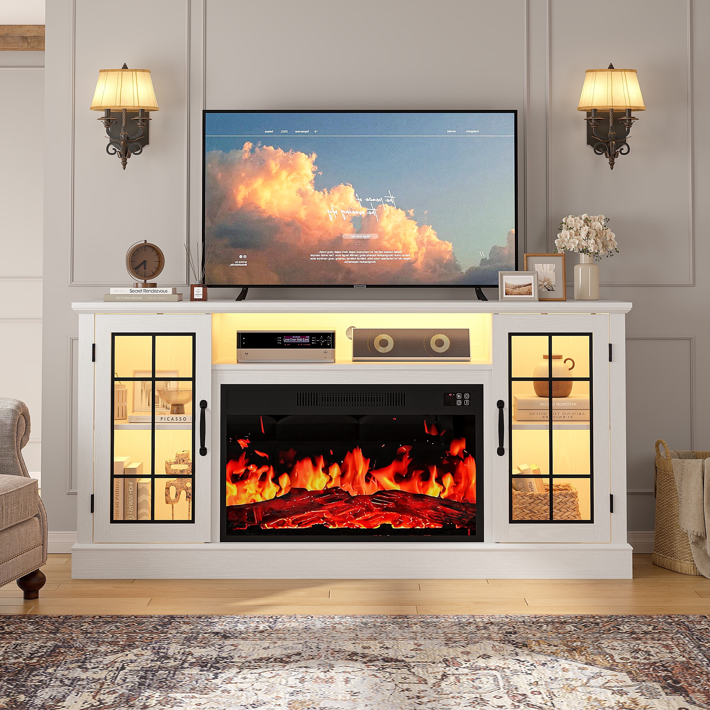 PAPROOS 63" Fireplace TV Stand for TVs up to 70" with 32" Electric Fireplace, Entertainment Center with LED, Modern Television Table Center With Remote Control for Living Room, White