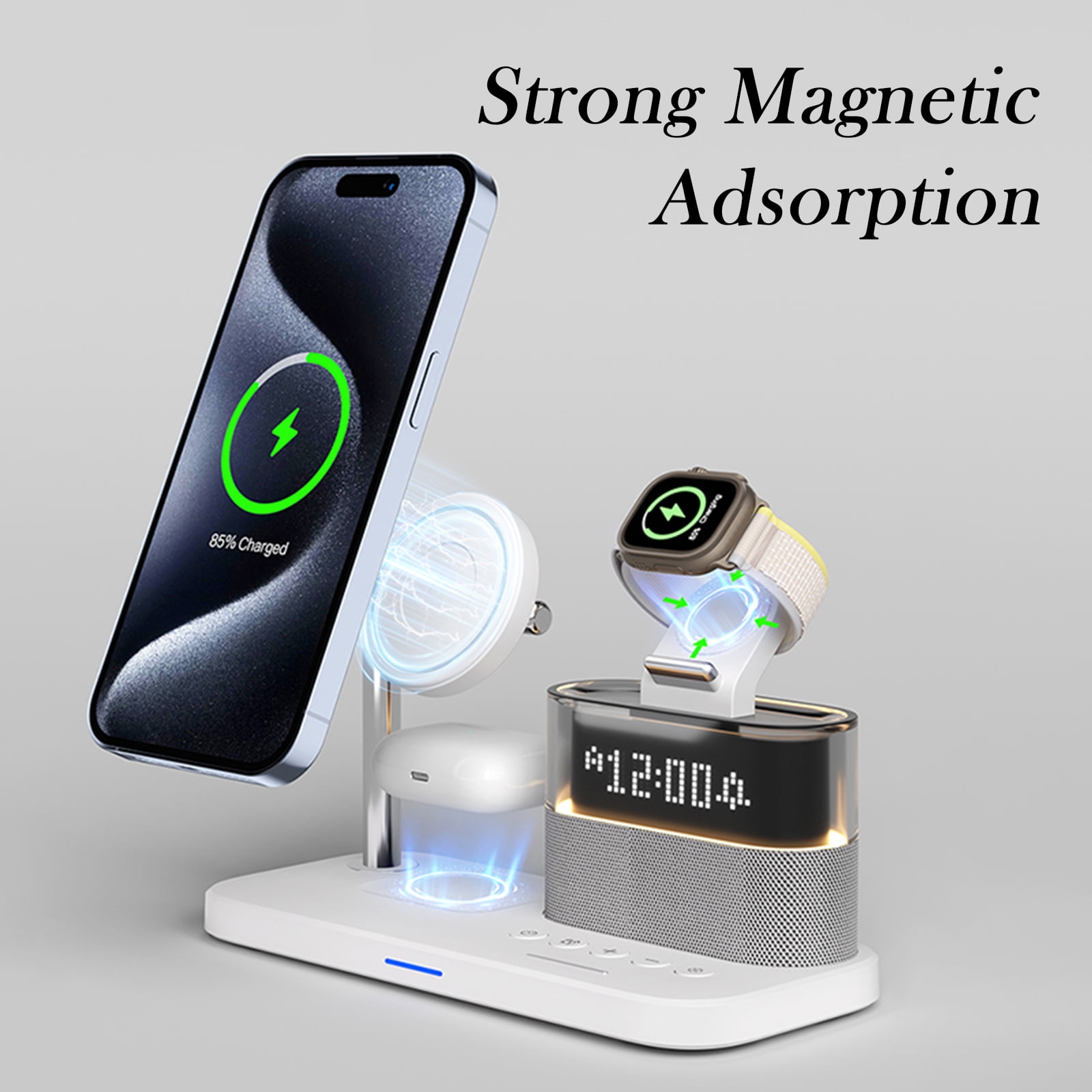 4 in 1 Wireless Charging Station Alarm Clock, Charging Dock for Apple Devices, Charger Stand for iPhone 16 15 14 13 12 11 Pro Max for Apple Watch & AirPods