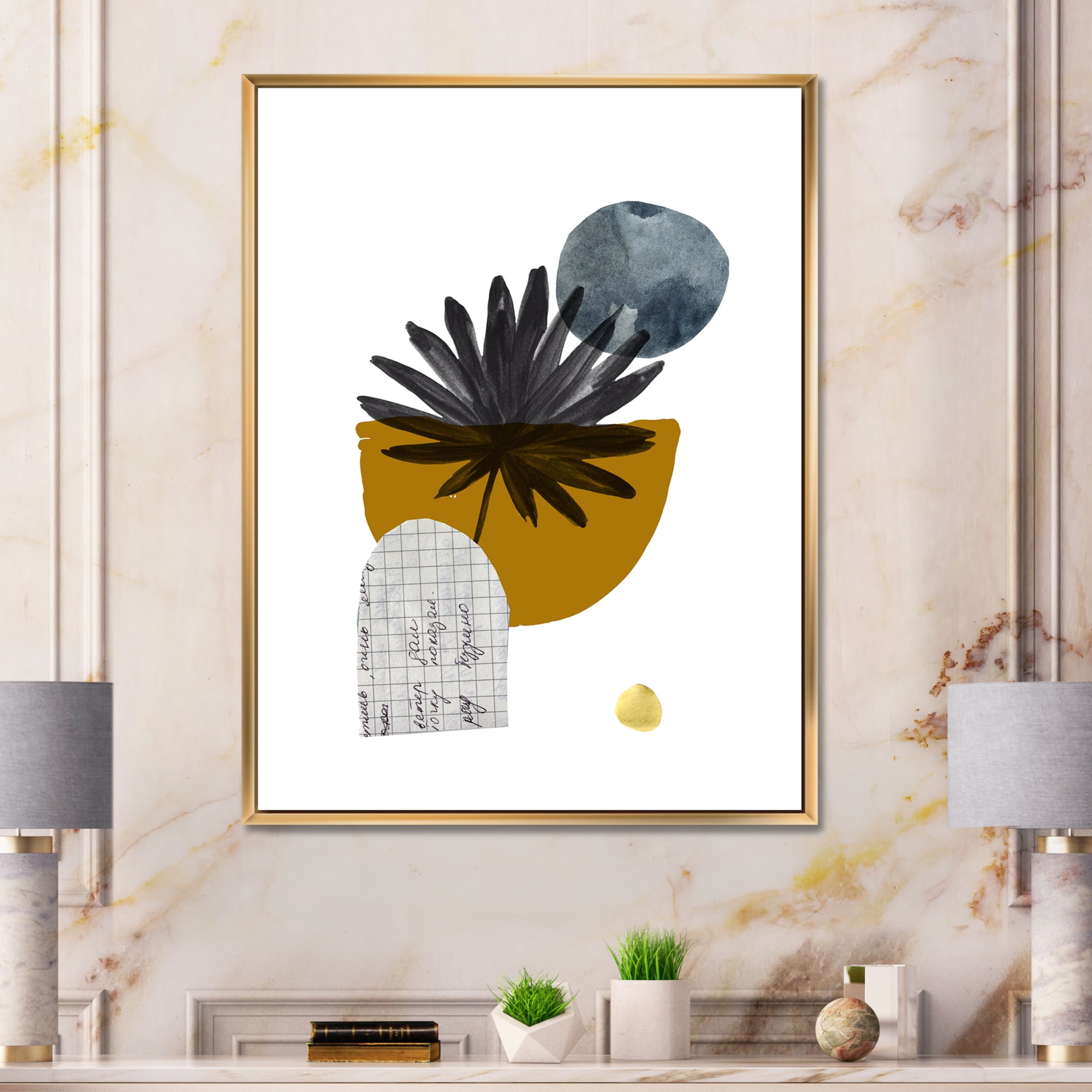 Designart 'Abstract Geometry Shapes and Tropical Palm Leaf I' Modern Framed Canvas Wall Art Print