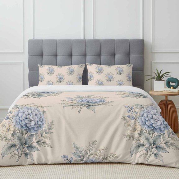 Queen Size Duvet Cover 4 Piece Bedding Set Farmhouse Blue Hydrangea Bed Sheet Sets Soft Microfiber Comforter Cover with Flat Sheet 2 Pillow Shams