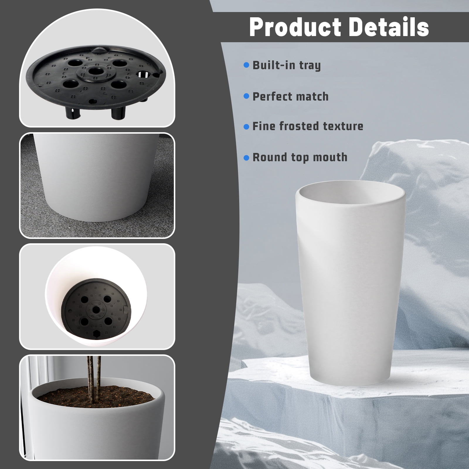 SnugNiture Set of 2 Round 22-Inch Tall Planters, White – Large Indoor/Outdoor Pots with Drainage, Matte Frosted Finish